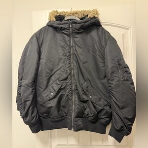 H&M Black Faux Fur Lined hood bomber Jacket